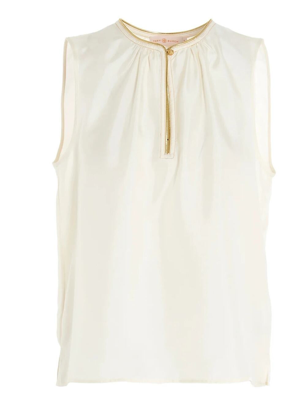 Tory Burch 100% Silk Cream and Gold Tunic Top Keyhole Blouse Quiet Luxury Size 2